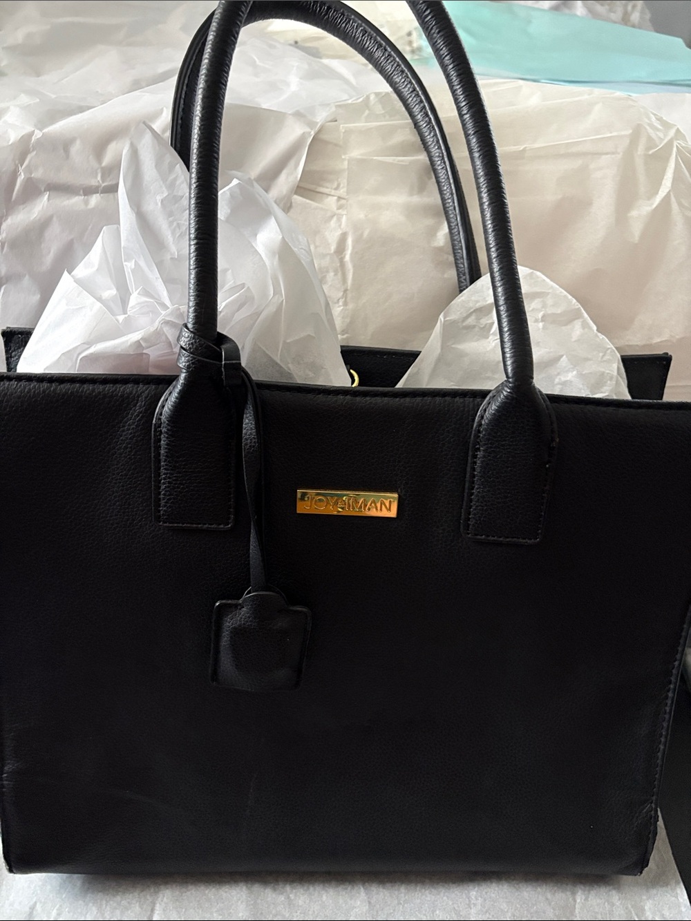 Joy & Iman Black Leather Structured Tote with Gold Plaque